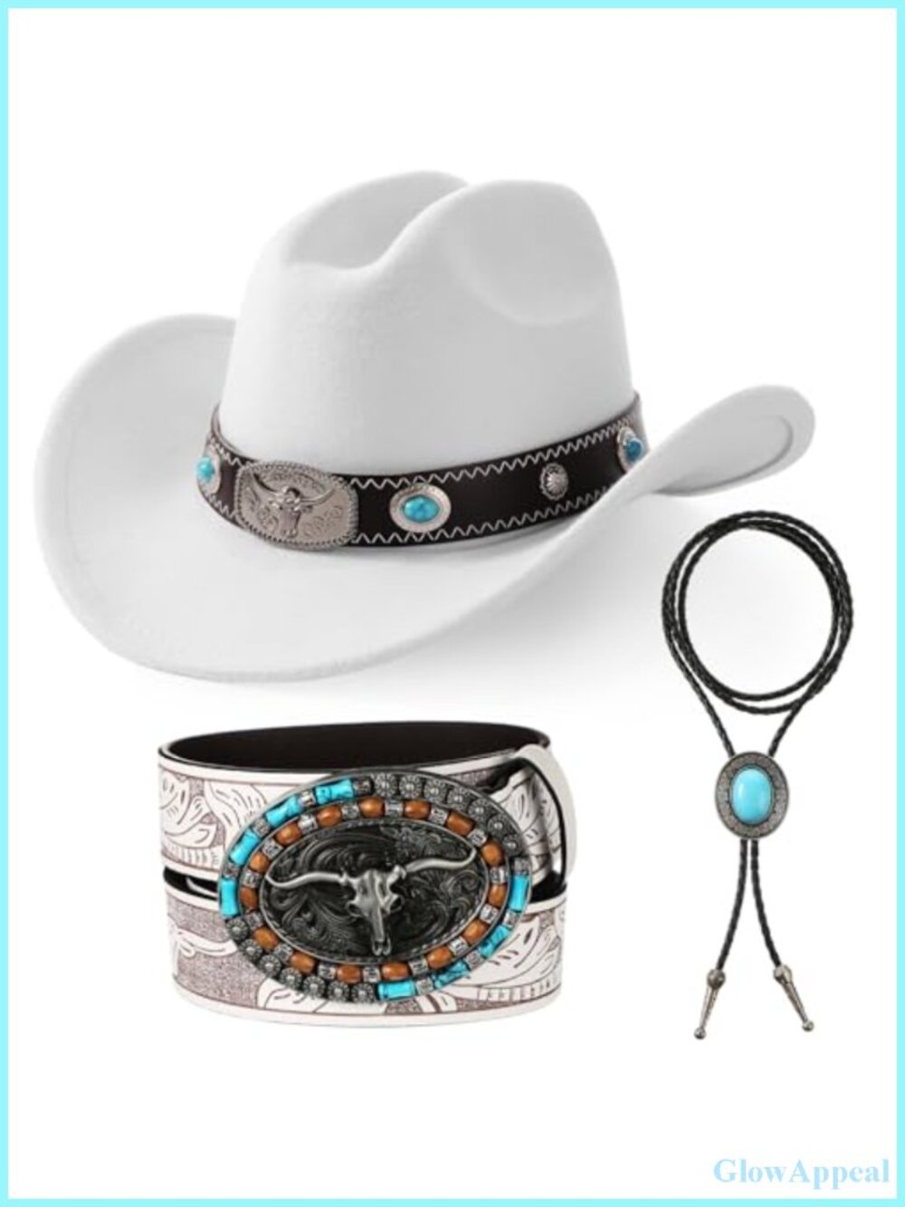3pc Western Set Cowboy Hat Necklace Belt Turquoise Felt Cowhide